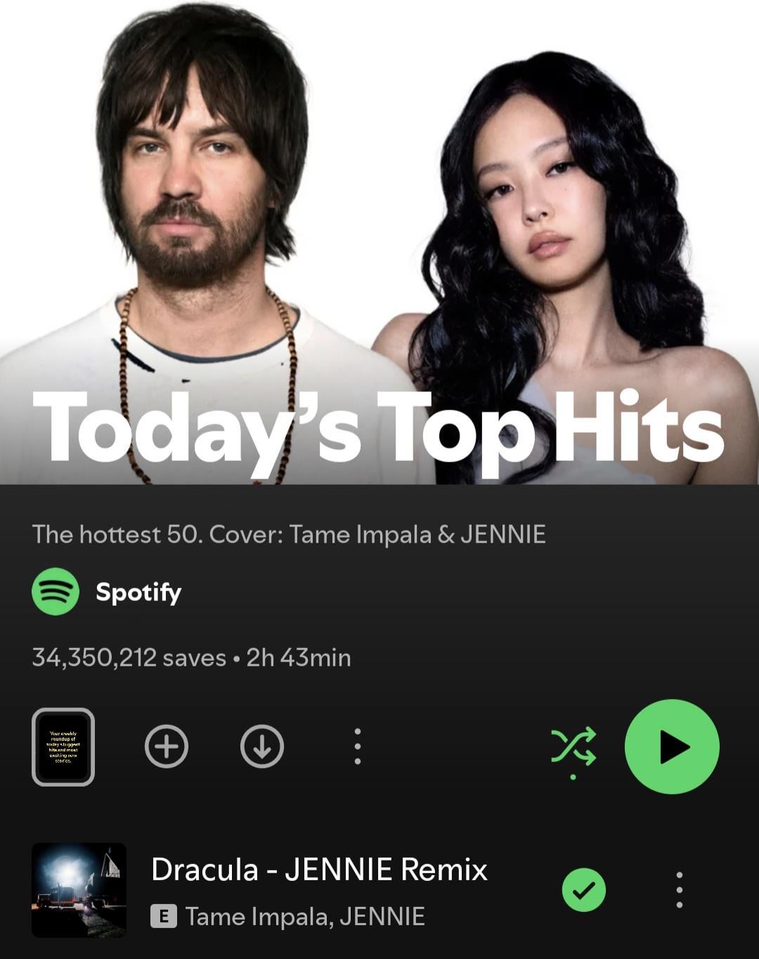 260501 Tame Impala & JENNIE are on the cover of Spotify's 'Today's Top Hits' Playlist with 'Dracula - JENNIE Remix' at #1