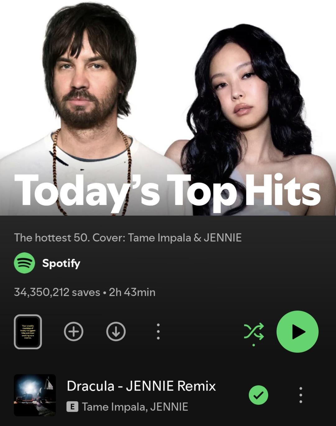 260501 Tame Impala & JENNIE are on the cover of Spotify's 'Today's Top Hits' Playlist with 'Dracula - JENNIE Remix' at #1!